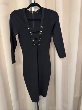 Marciano Black Long Sleeve Bodycon Dress with Gold Accents